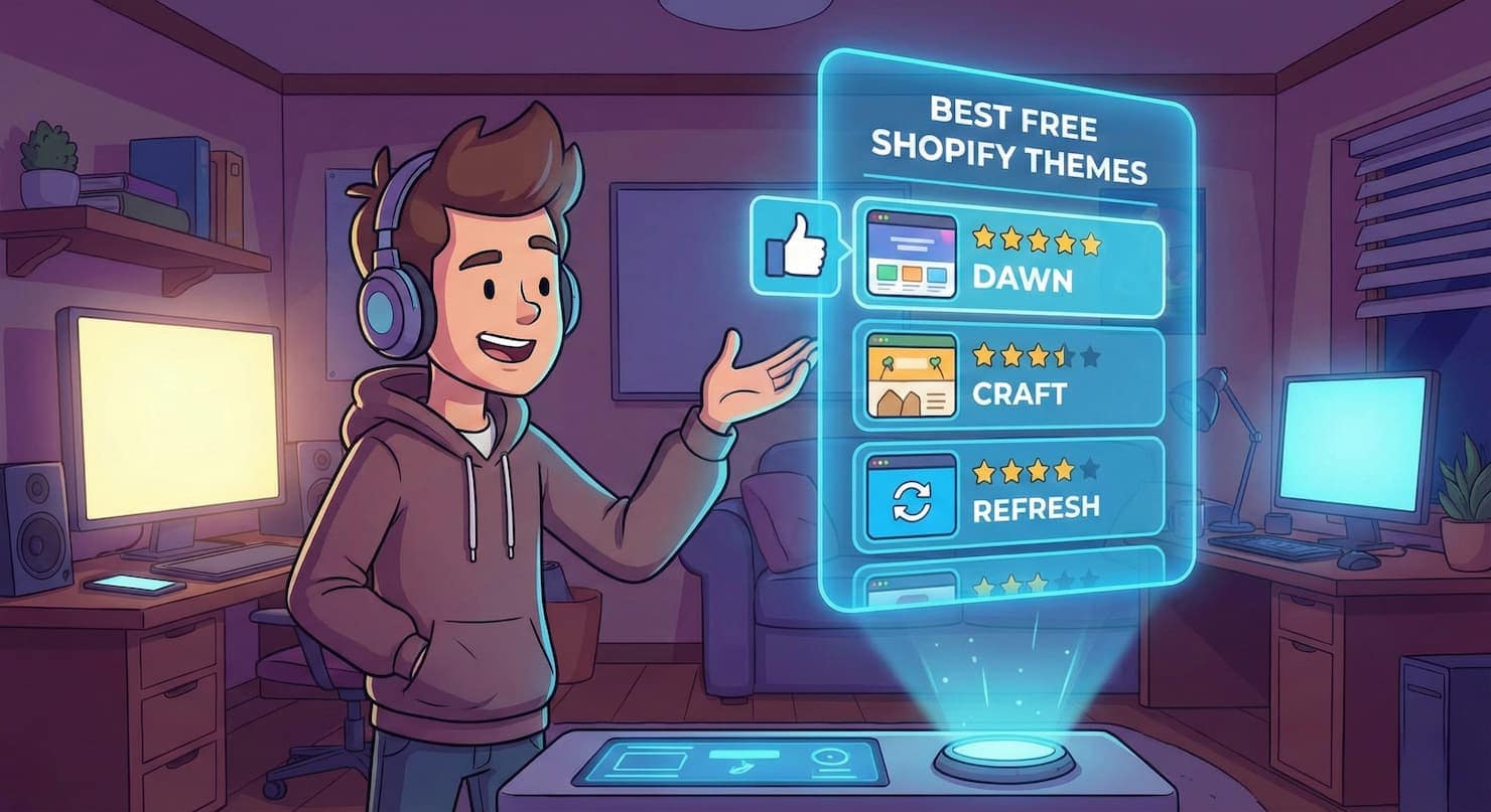 best free shopify themes, a cartoon image of a man rating best free shopify themes on a holographic display