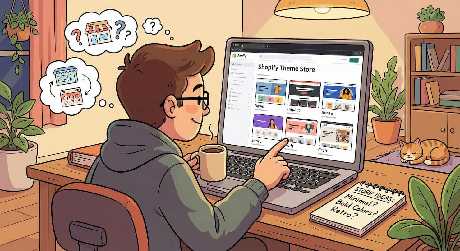 how to choose a Shopify theme, a cartoon image of a man searching for a shopify theme on the shopify theme store using a laptop computer.