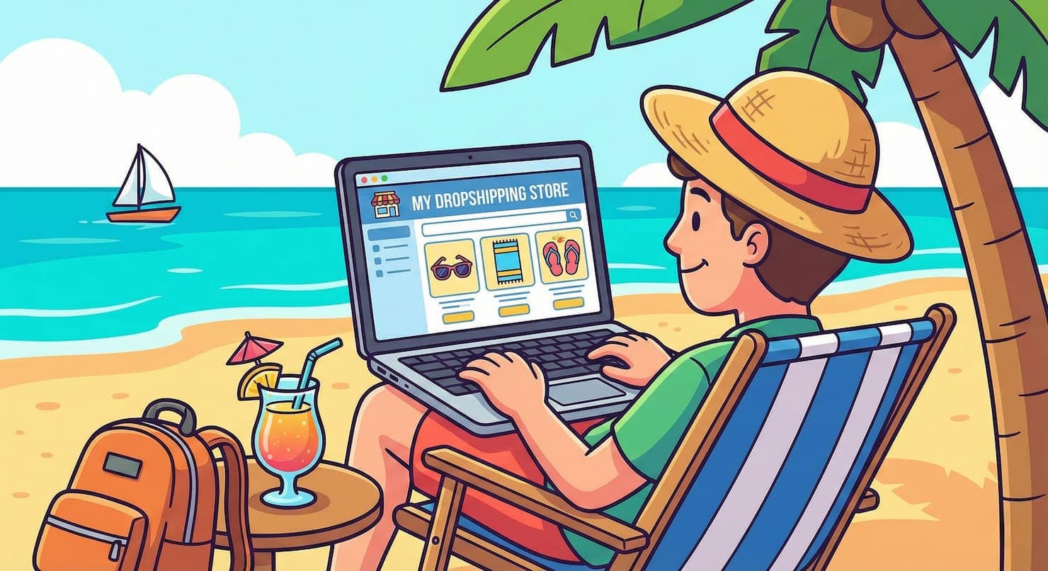 What is dropshipping. A cartoon image of a person managing a Shopify dropshipping store using a laptop on a beach.