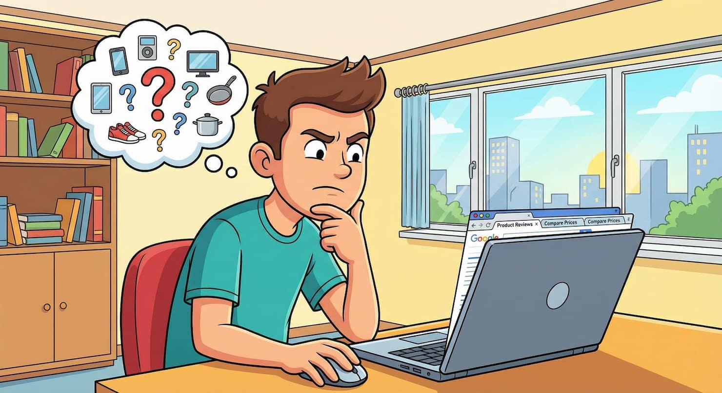what to sell on shopify, a cartoon image of a person wondering what to sell on shopify.